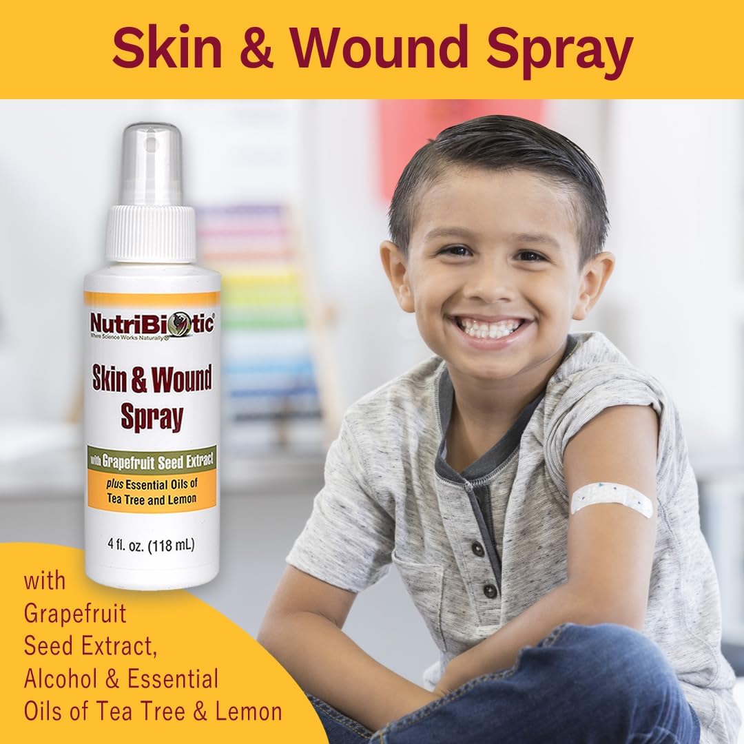 NutriBiotic Spray para piel y heridas con GSE, 4 onzas líquidas, extracto de semilla de pomelo más aceites esenciales de árbol de té y limón, ayuda