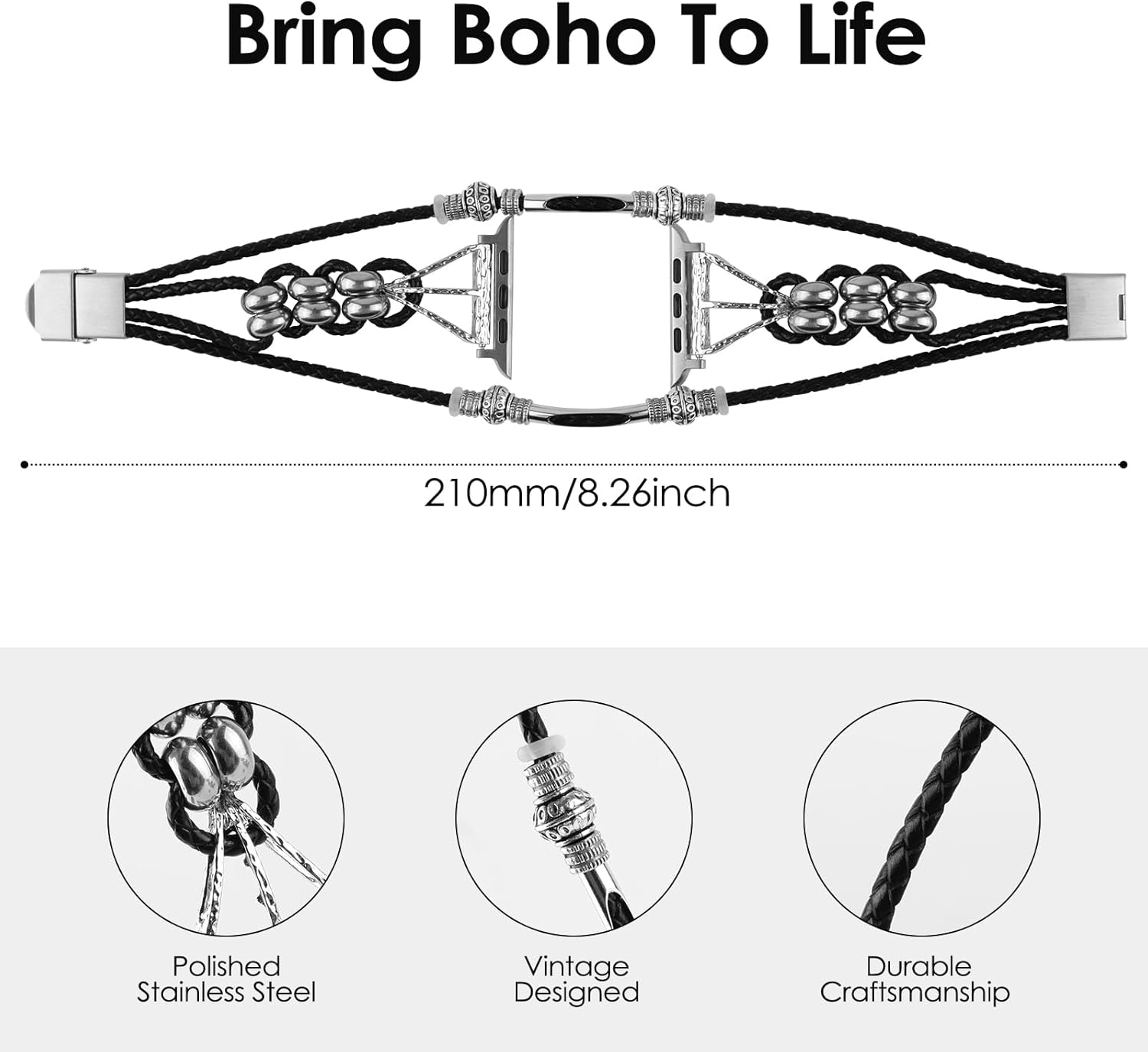 WONJOY Correa de cuero bohemia compatible con Apple Watch de 1.772 in 1.732 in 1.654 in 1.614 in 1.575 in 1.496 in 1.929 in iWatch Series