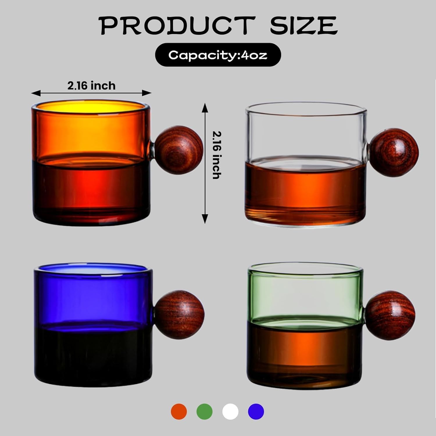 Tazas de espresso (paquete de 4) tazas de café expreso transparentes de 4 onzas para máquinas de espresso, aptos para microondas (4 colores)
