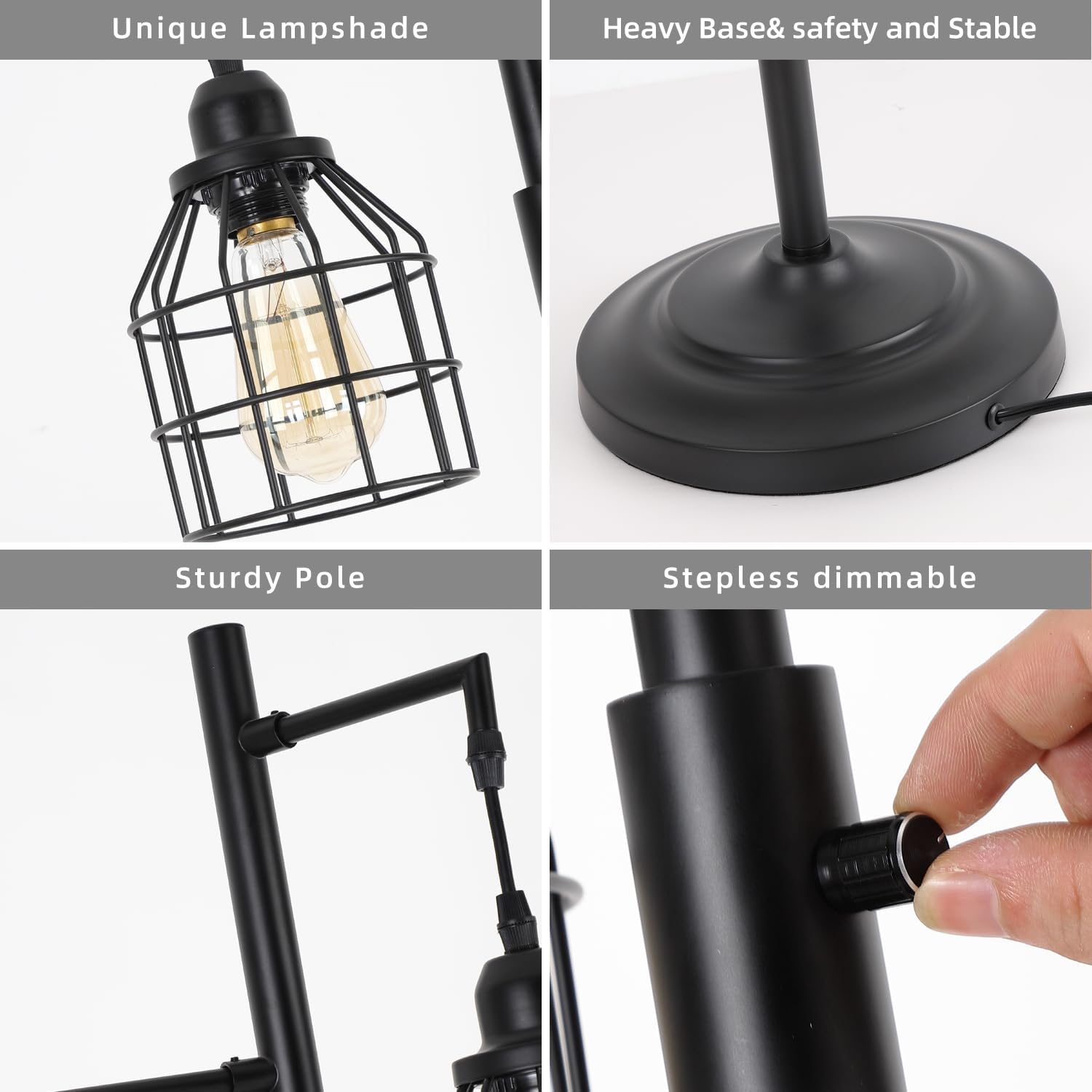 9MMML Lámpara de pie para sala de estar, lámpara de pie industrial regulable de granja, 3 luces de jaula de metal, 68 pulgadas, 3 bombillas LED