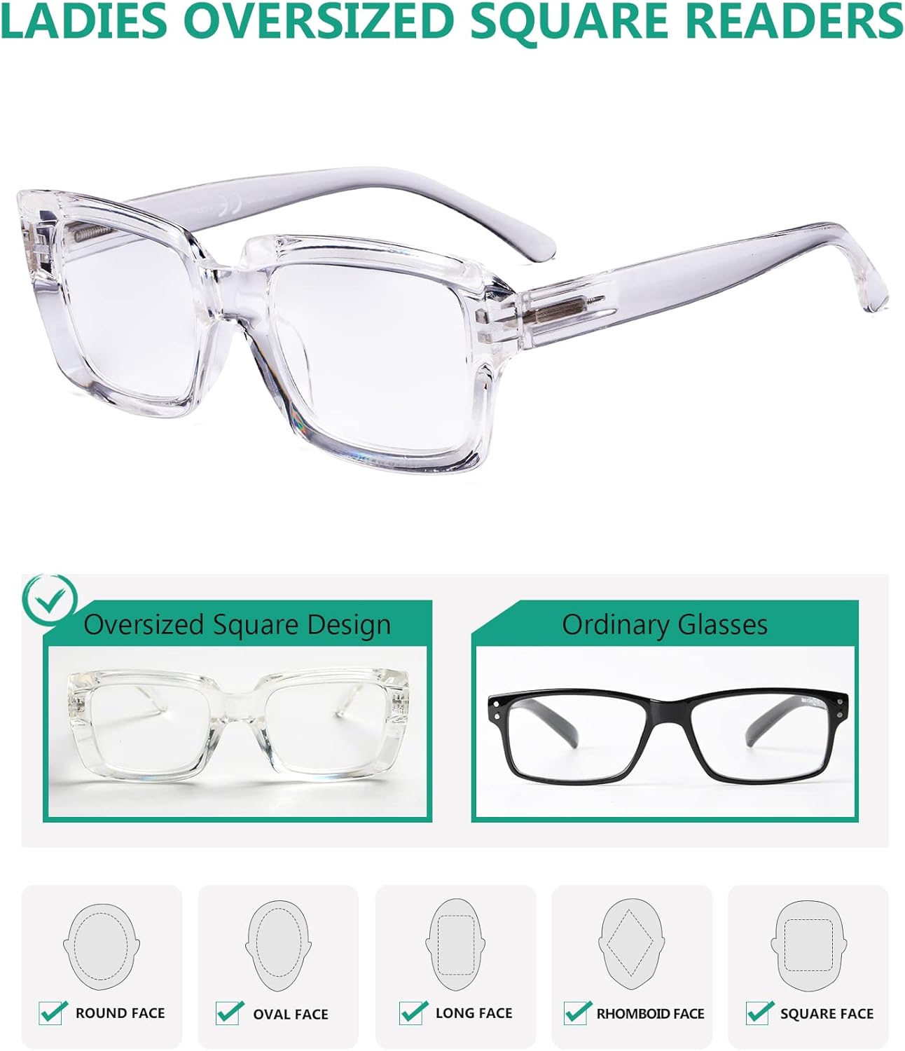 Eyekepper – Juego de 4 anteojos de lectura para mujer, diseño cuadrado, tamaño extra grande para mujer.