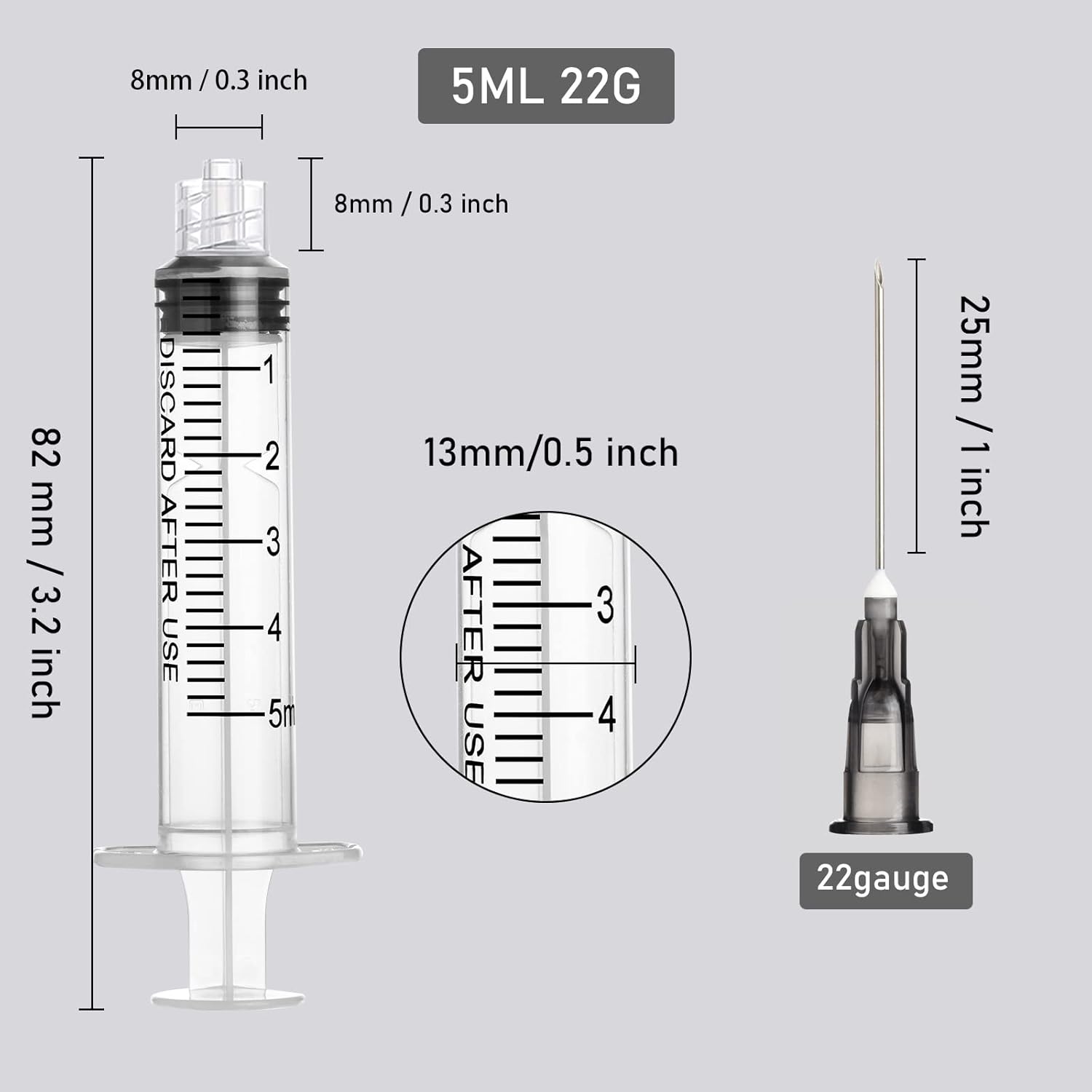 Jeringa de 0.2 fl oz con 0.78 oz 1 pulgada, desechable envuelta individualmente, paquete de 20