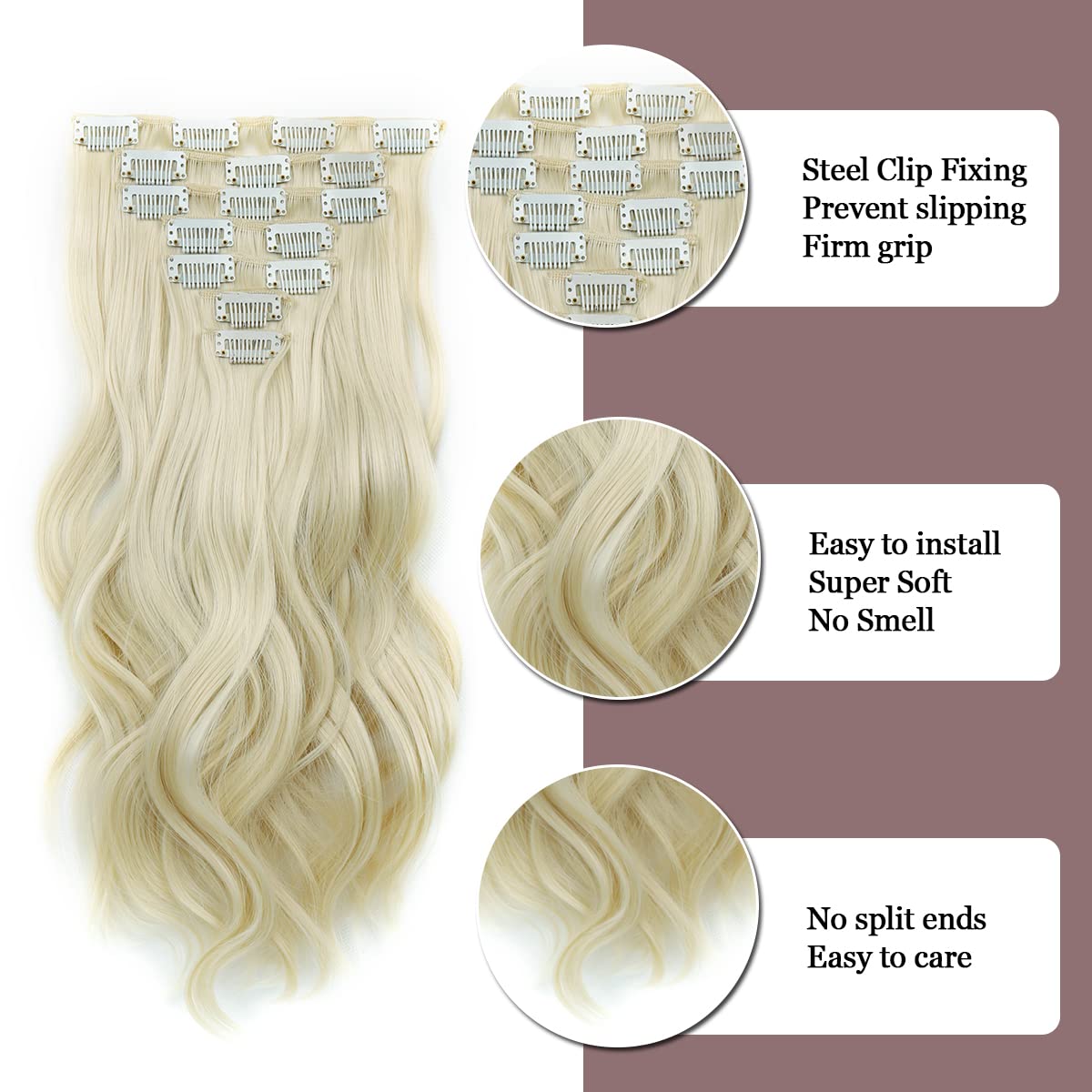 Extensiones de cabello con clip, largo, ondulado, grueso, invisible, pieza de cabello negro, fibra sintética suave de cabeza completa para mujeres,