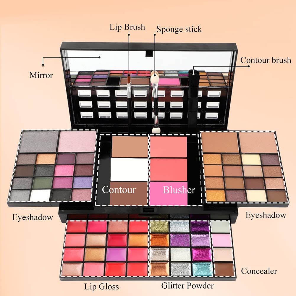 Kit de maquillaje profesional de 74 colores todo en uno, incluye 36 maquillaje de sombra de ojos, 16 brillo de labios, 12 crema con purpurina, 4