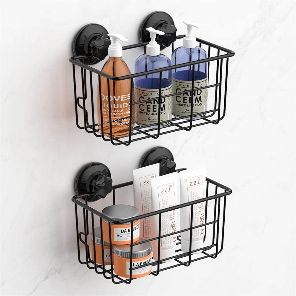 SANNO Cesta de ducha con ventosa para champú, organizador combinado de baño, soporte de acero inoxidable para almacenamiento de baño, color negro