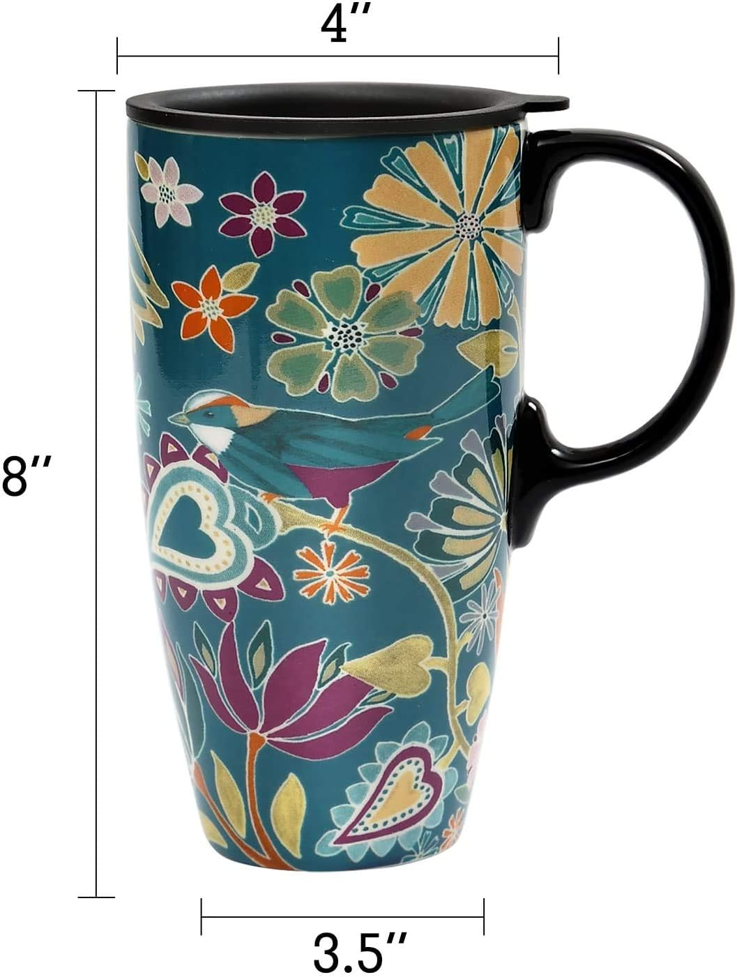 Topadorn Taza de cerámica para café, taza de té de porcelana con tapa, 17 oz, sinfonía floral, pájaro verde