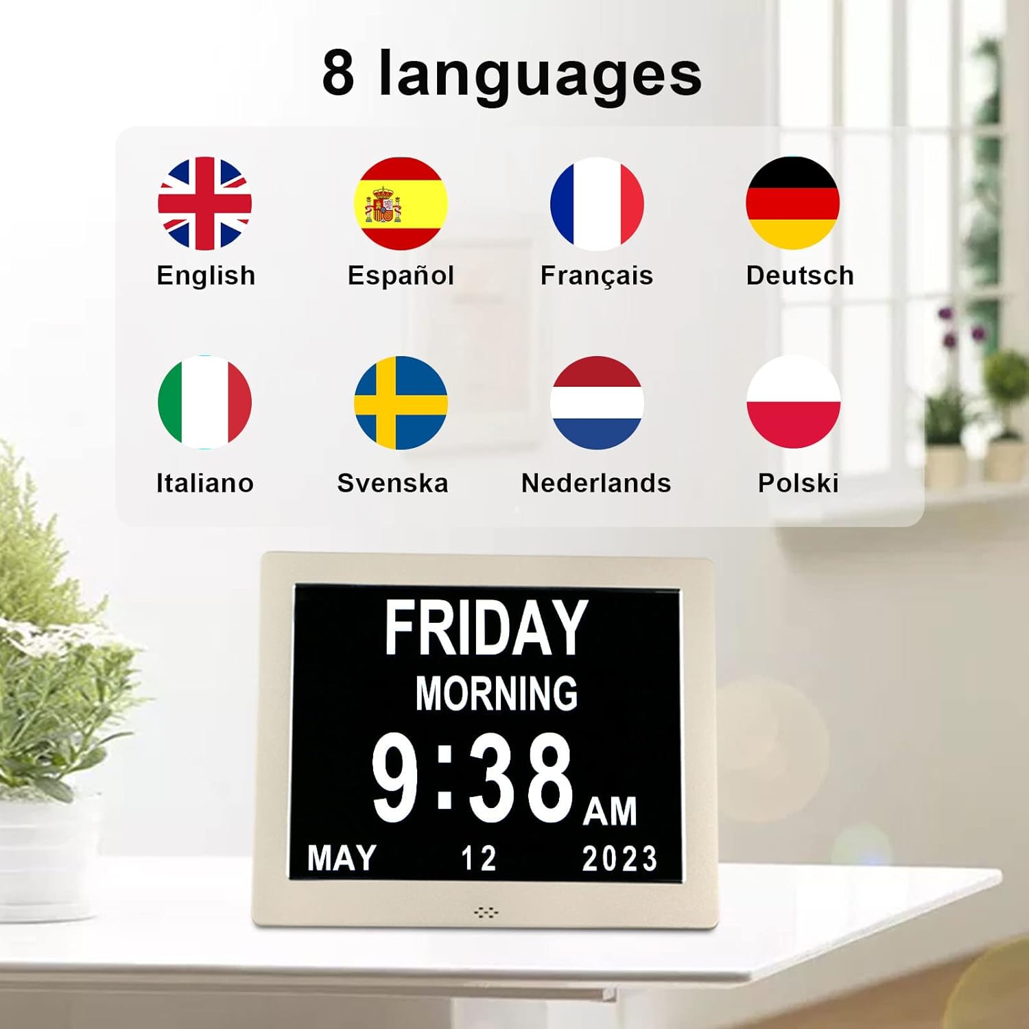 KASTISS Reloj digital dorado de 8 pulgadas con fecha, día de la semana y alarmas para personas mayores, demencia, Alzheimer, pérdida de memoria o
