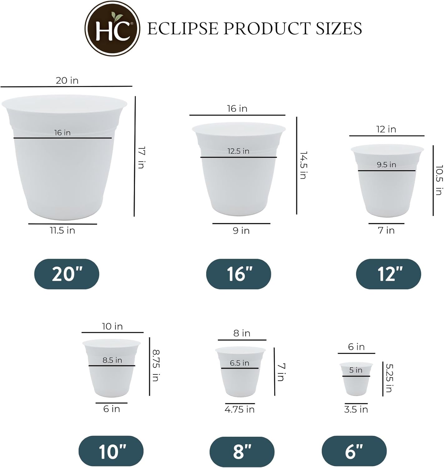 The HC Companies Eclipse Maceta redonda de 6 pulgadas, con platillo, maceta para interiores y exteriores, para flores, verduras y hierbas, blanco