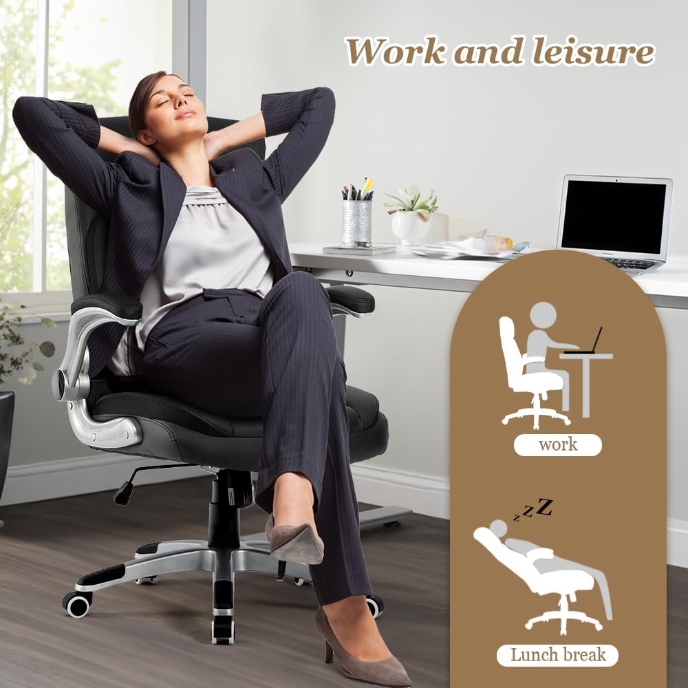 Silla de oficina grande y alta, silla de escritorio ejecutiva resistente con reposabrazos abatibles, respaldo alto, asiento ancho, acolchado grueso,