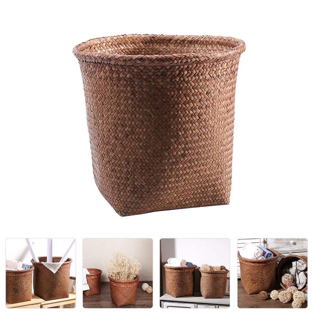 Basurero tejido para exteriores, cesta de basura tejida con pajilla, cesta de almacenamiento decorativa para artículos diversos, cesta de basura