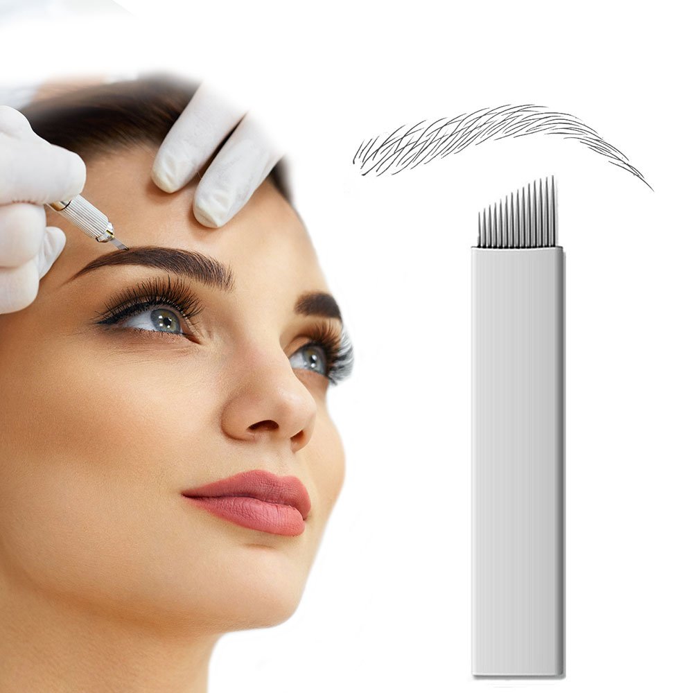 PFT 50pcs 14Aguja curvada Flat Maquillaje Permanente Aguja Manual Eyebrow tatuaje microblade 14Aguja Inclinada