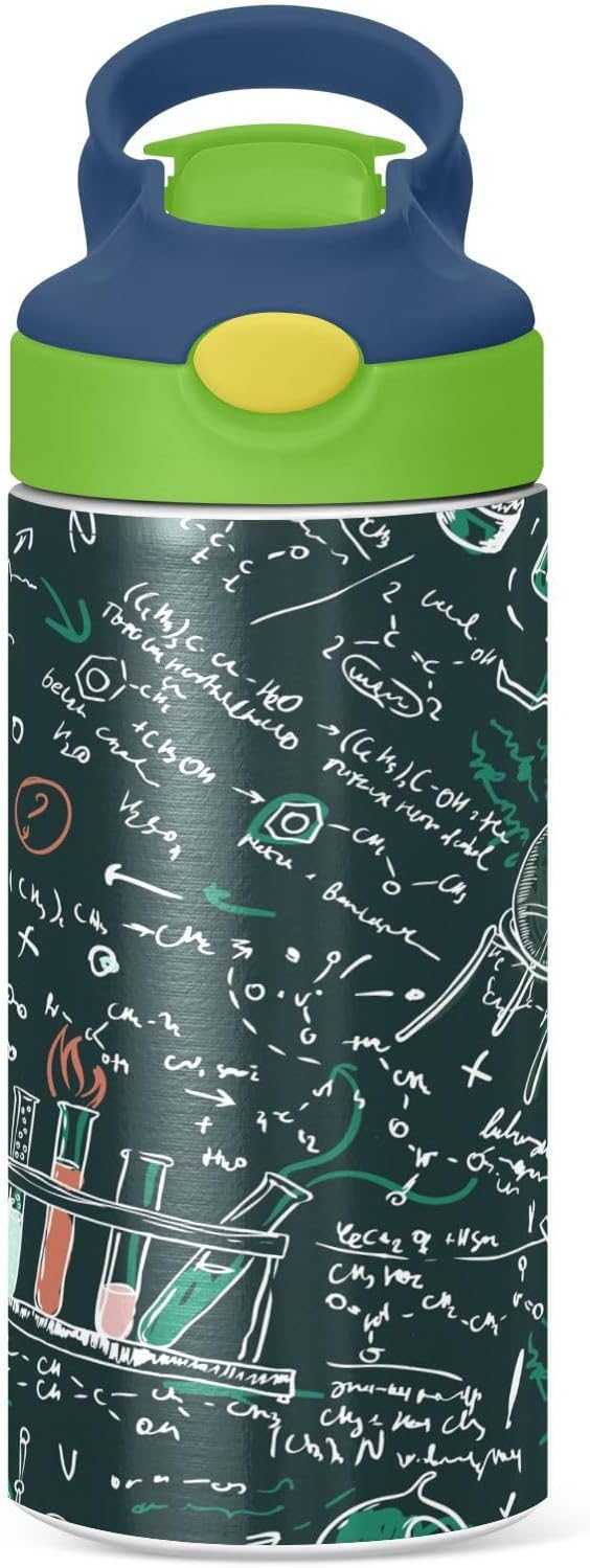 ALAZA Old Chemistry Green – Botella de agua para niños de 12 onzas con pajilla, de acero inoxidable con aislamiento al vacío, vaso para niños y niñas