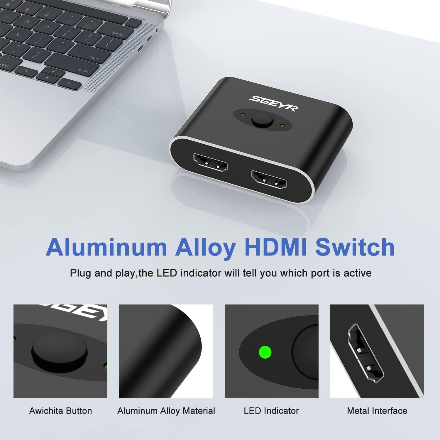 HDMI Switch,4K60hz HDMI Splitter, HDMI Switcher 2 in 1 Out, HDMI Switch Splitter, SGEYR Aluminum HDMI 2.0 Bi-Directional Switch, Support 3D,4K, HDR,
