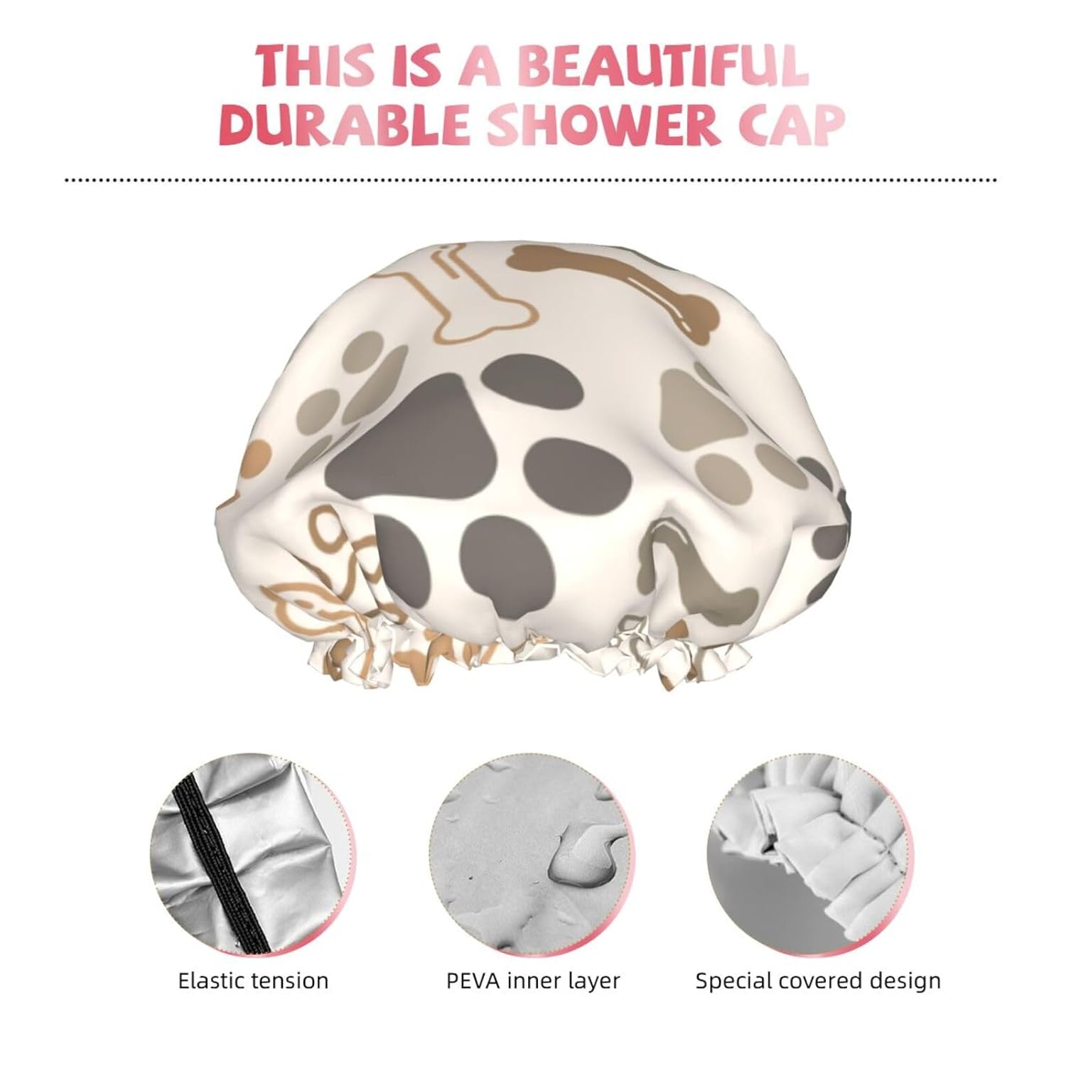 Gorro de ducha grande con estampado de patas de perro y gato para mujeres y hombres, gorro de ducha reutilizable impermeable para trenzas y pelo