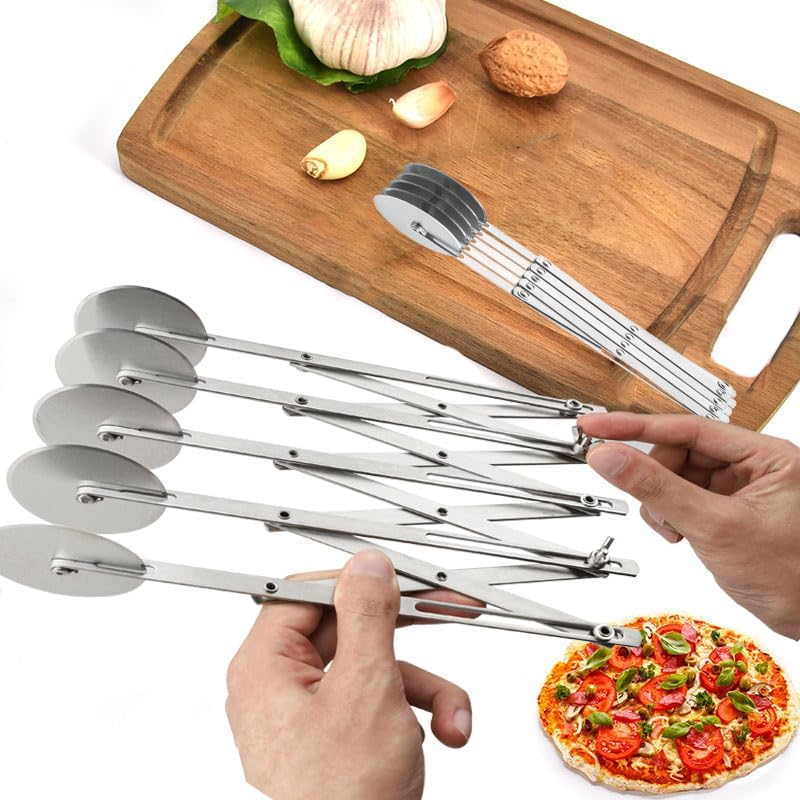 Juego de 3 cortadores de masa de acero inoxidable de 5 ruedas con espátula de pizza y raspador de tazón de masa, rueda cortadora de pastelería