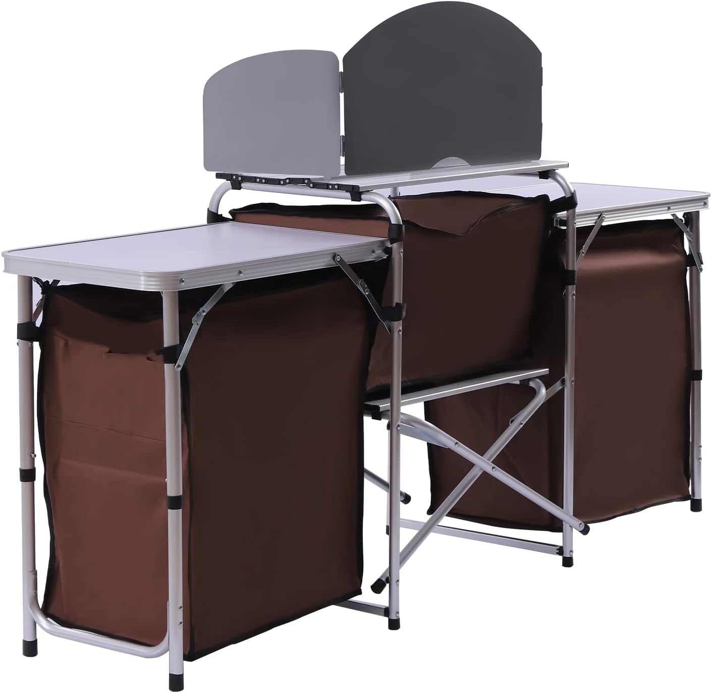 Mesa de cocina plegable para acampar con almacenamiento y 2 mesas laterales, parabrisas desmontable, estación de cocina portátil para campamento al