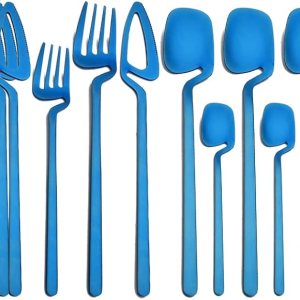 Modern Flatware – Utensilios de acero inoxidable 304 de lujo para 6 tenedores aptos para lavavajillas, cuchillos, cucharas, color azul mate Modern Flatware – Utensilios de acero inoxidable 304 de lujo para 6 tenedores aptos para lavavajillas, cuchillos, cucharas, color azul mate