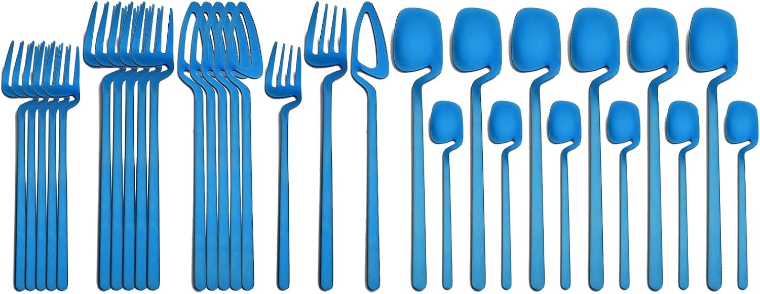 Modern Flatware – Utensilios de acero inoxidable 304 de lujo para 6 tenedores aptos para lavavajillas, cuchillos, cucharas, color azul mate
