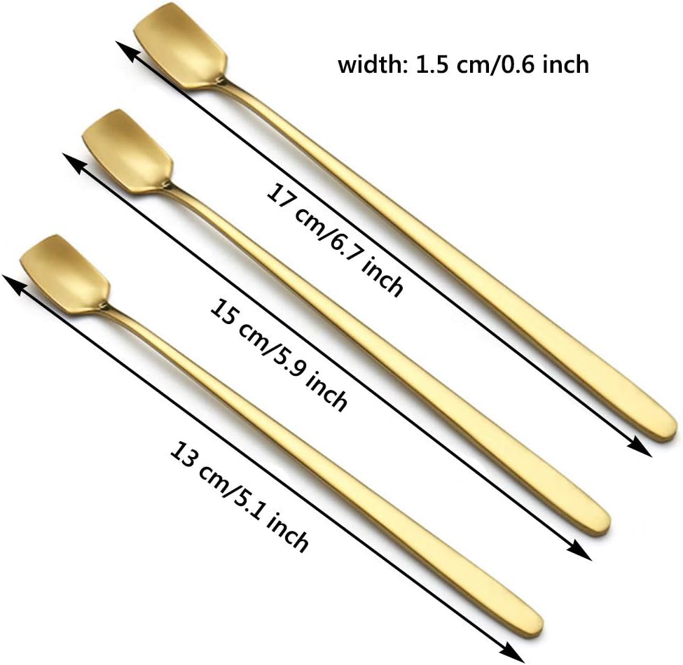 NUOMI 6 cucharas de mezcla de mango largo de acero inoxidable, cabeza cuadrada, para café, té, postre, cóctel, cocina, 13156.7 in, dorado