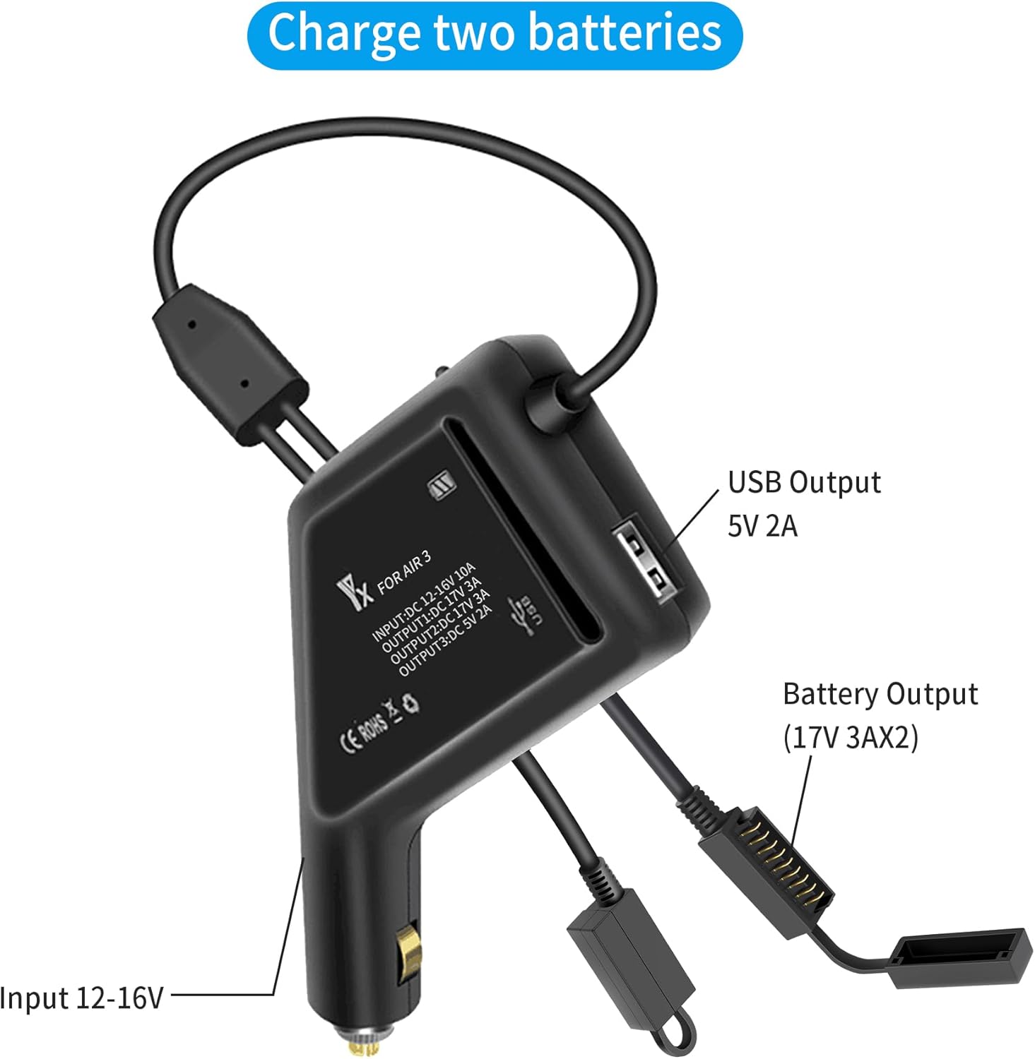 Hanatora Cargador de coche de batería 3 en 1 para DJI Air 3 Drone, accesorios de concentrador de carga rápida de 12 V