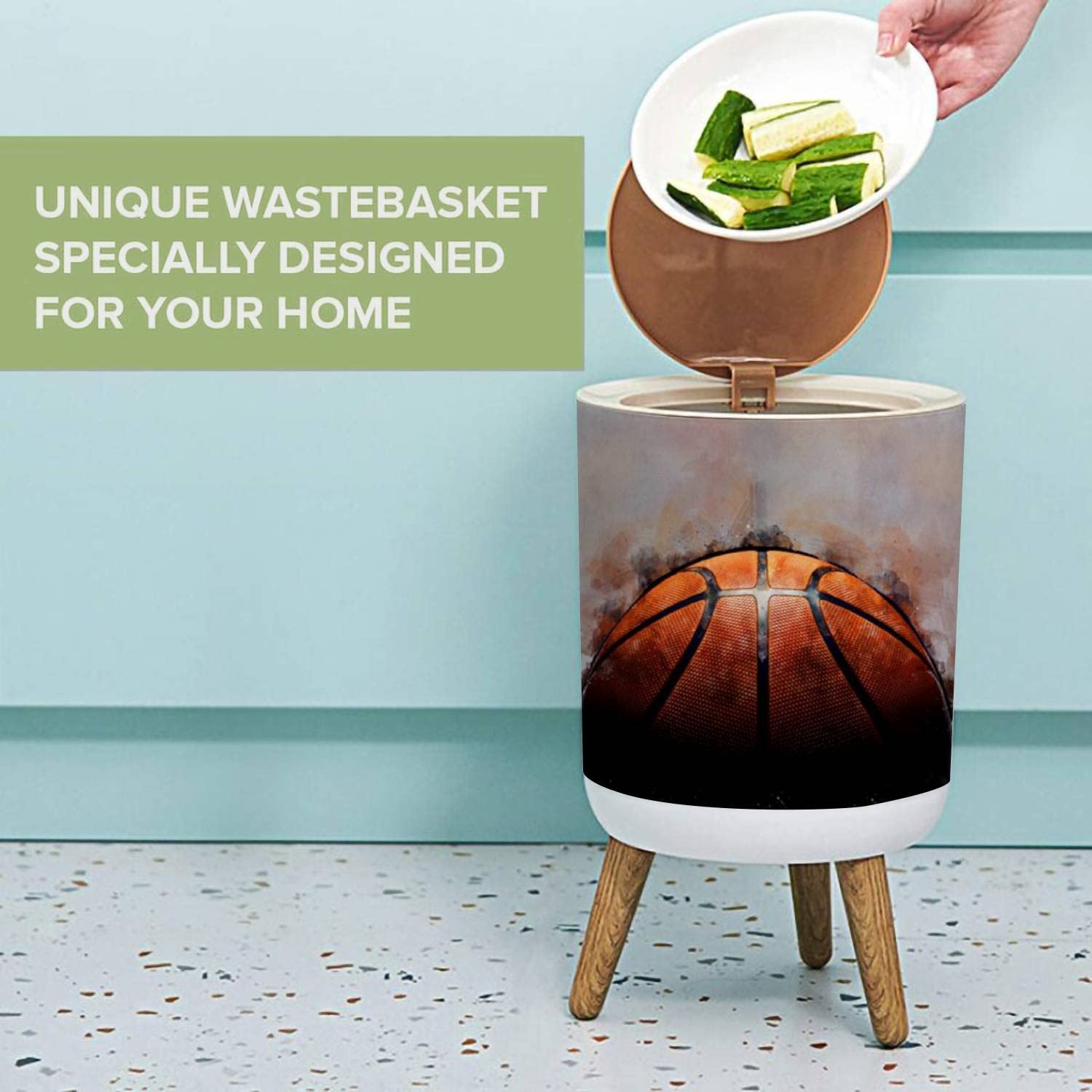 Cubo de basura rústico de acuarela para habitación de niños, pequeño, con temática deportiva, con tapa de prensa, papelera a prueba de perros, para