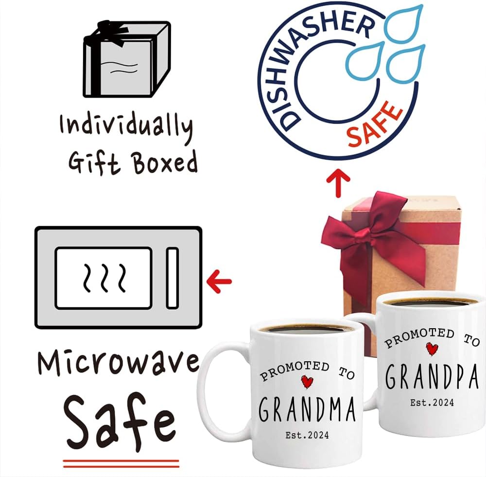 Est 2024 Promoted to Grandparents – Juego de tazas de café de 11 onzas, anuncio de embarazo, publicidad sorpresa para el día de la madre, regalos