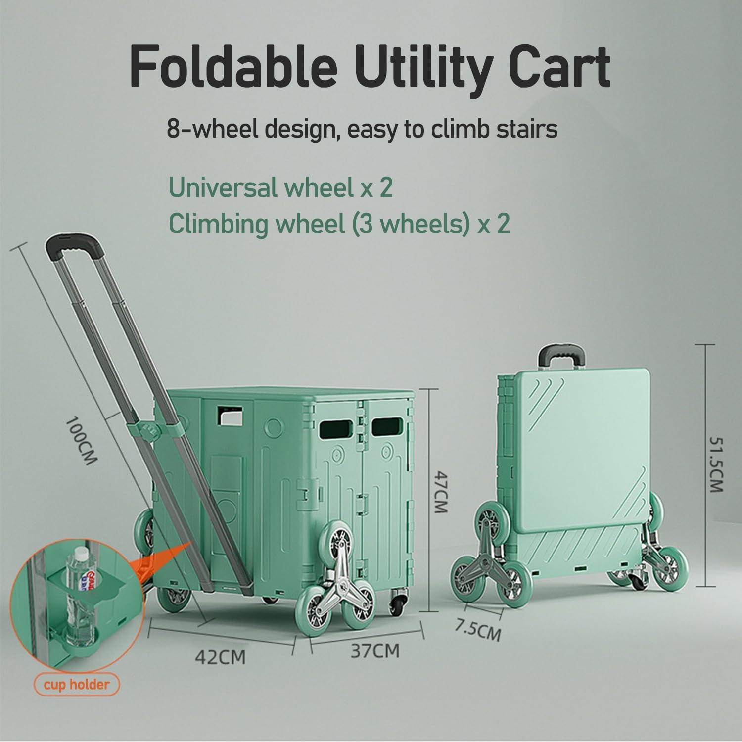 Carrito plegable portátil de 75 litros con ruedas para escalar, caja plegable con ruedas y asa, carrito de compras para subir escaleras, para