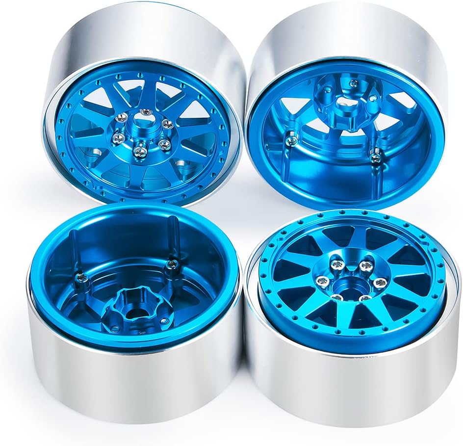RCLIONS Ruedas Beadlock RC de 2.2 pulgadas, llantas de aluminio de 1.378 in para AXIAL Wraith RR10 TRX4 110th RC Crawler Truck Car (azul)