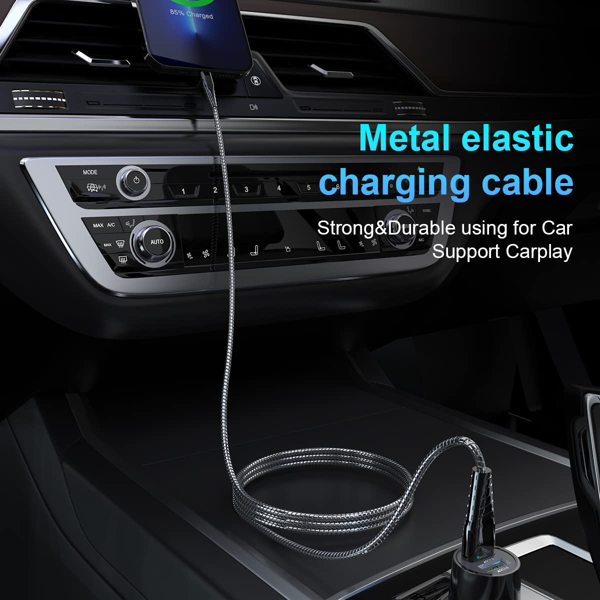 Cable de carga trenzado de metal para iPhone con certificación MFi de Apple, 6.6 pies, resistente cable Lightning de acero inoxidable 304, cable