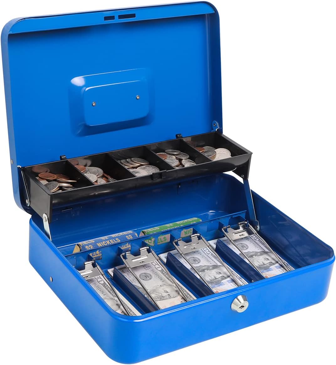 Caja de efectivo con cerradura de llave,Caja de metal duradera con bandeja de dinero,Caja de seguridad de almacenamiento seguro de bloqueo,Azul