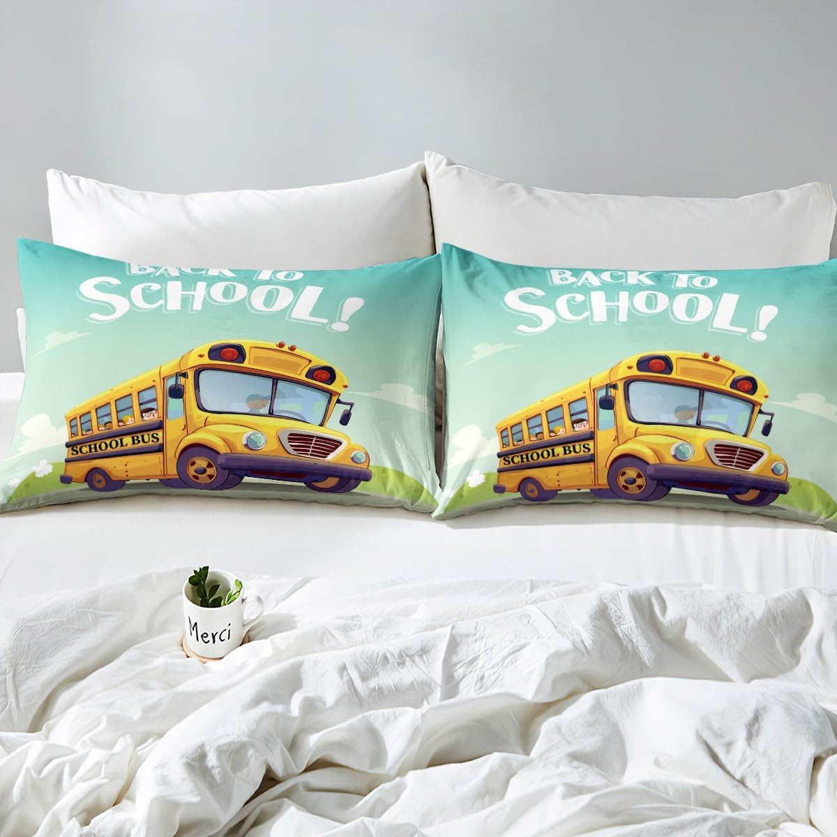 Erosebridal Juego de cama de autobús escolar, sábana bajera con estampado de auto amarillo, sábanas de vehículos escolares de dibujos animados,