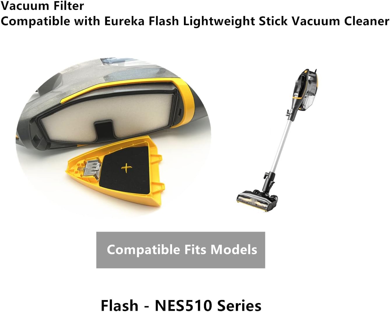 Filtro de vacío compatible con Eureka Flash aspiradora de palo ligero, se adapta a NES510, parte # N0205, N0206, N0207 (paquete de 3)