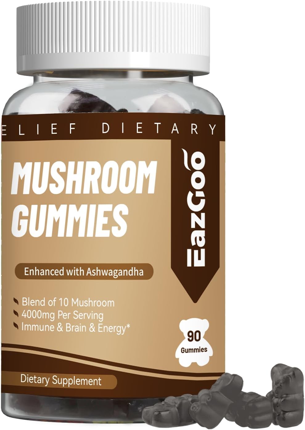 EAZGOO Suplemento de gomitas de hongos, con Ashwagandha, melena de león, hongos Shitake, cola de pavo, chaga y hongo Cordyceps para la salud