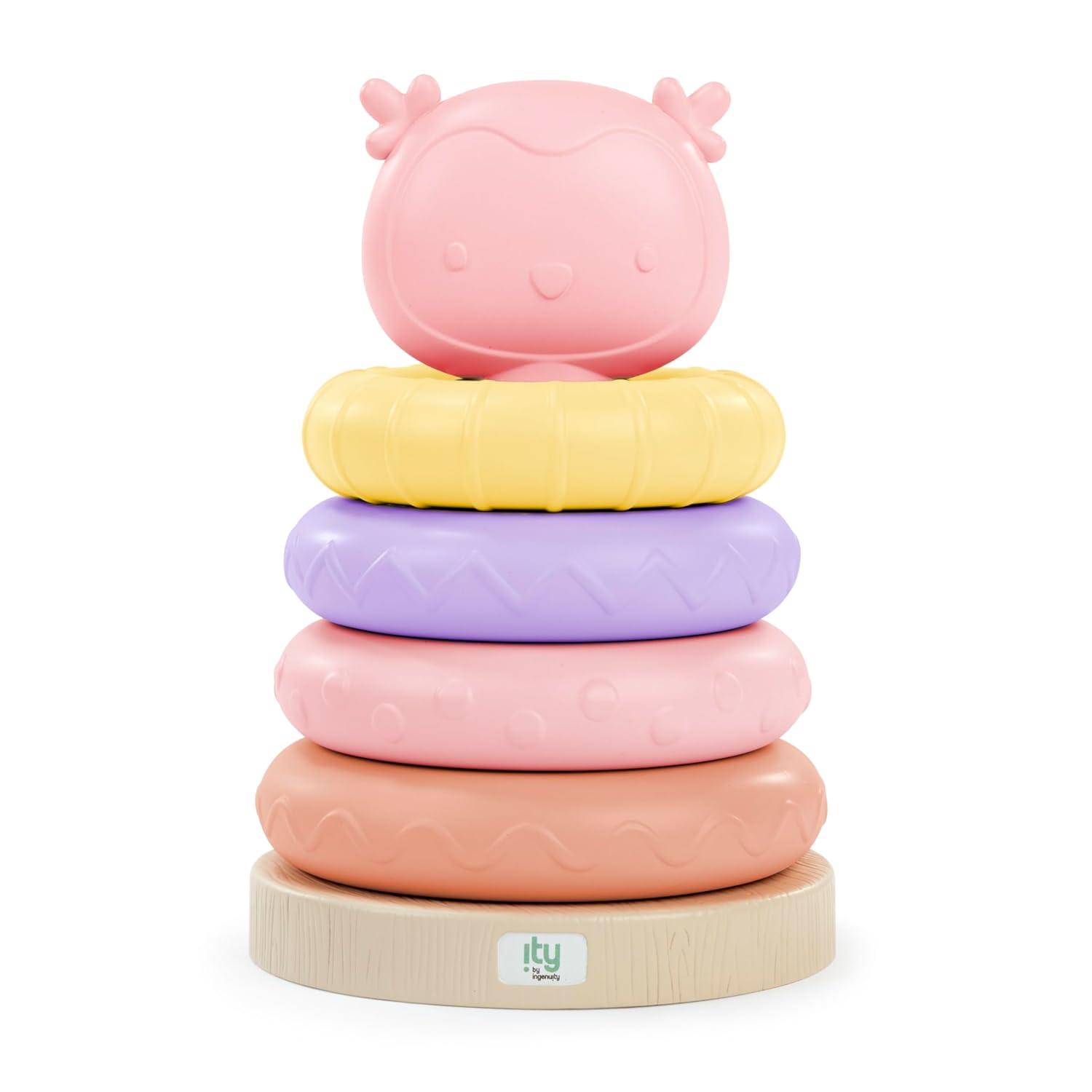 INGENUITY ity Cutie Stacks, 4 anillos sin BPA, soporte de madera sintética, decoración de búho, unisex, para edades de 6 meses en adelante – Nally
