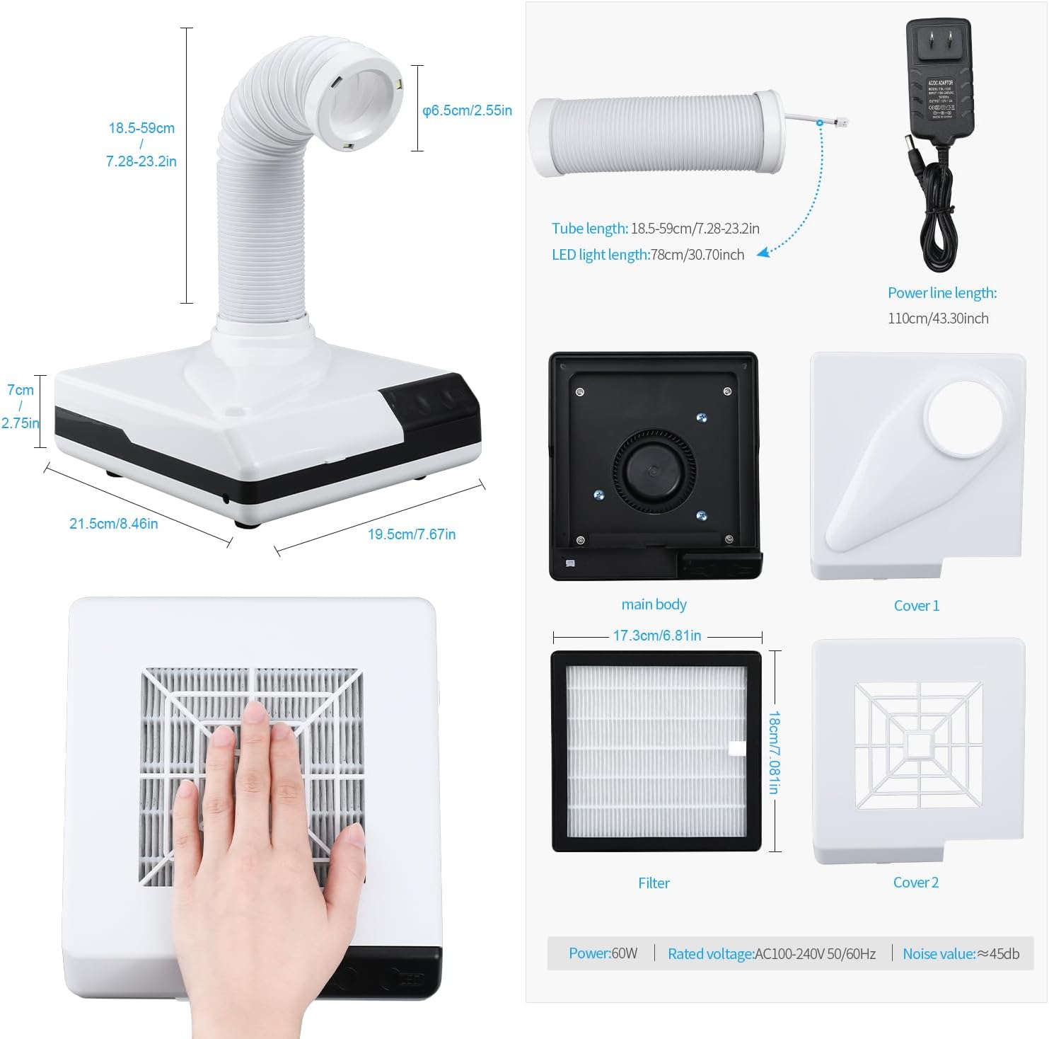 LVCHEN Colector de polvo de pulido dental – Extractor de polvo de 60 W, potente succión de polvo de vacío de uñas con ventilador y LED de doble