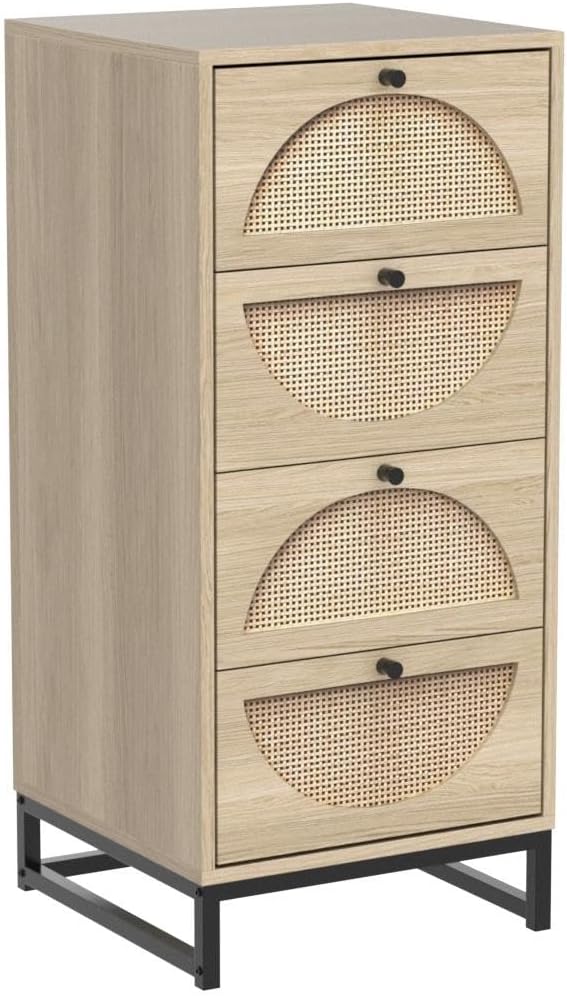 Angel Sar Armario alto de ratán con 4 cajones, cómoda de ratán de madera para dormitorio, mesa de sofá con base de metal para sala de estar, entrada
