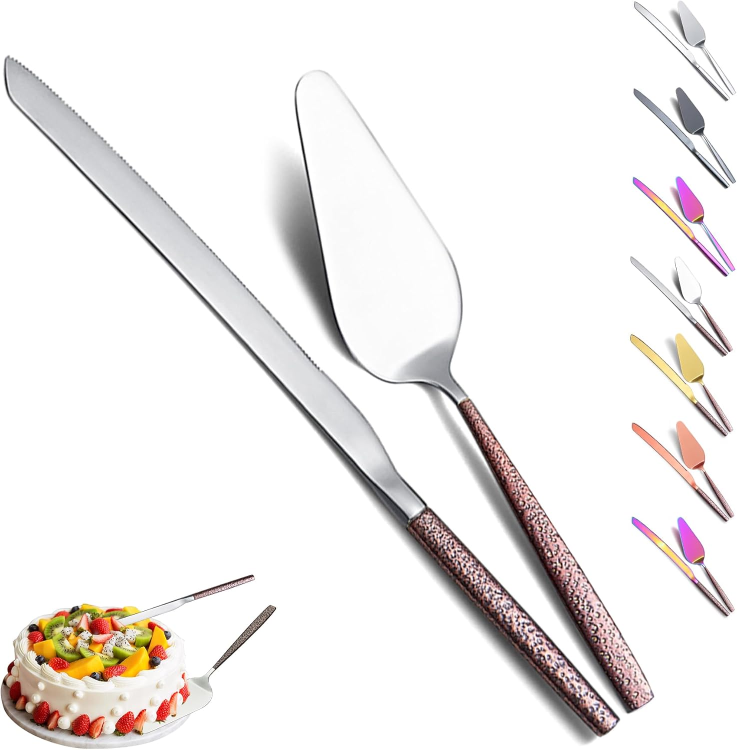 Juego de cuchillos y servidores para tartas de boda, mango marrón y cabeza plateada brillante para tartas para todos los días, bodas y cumpleaños,