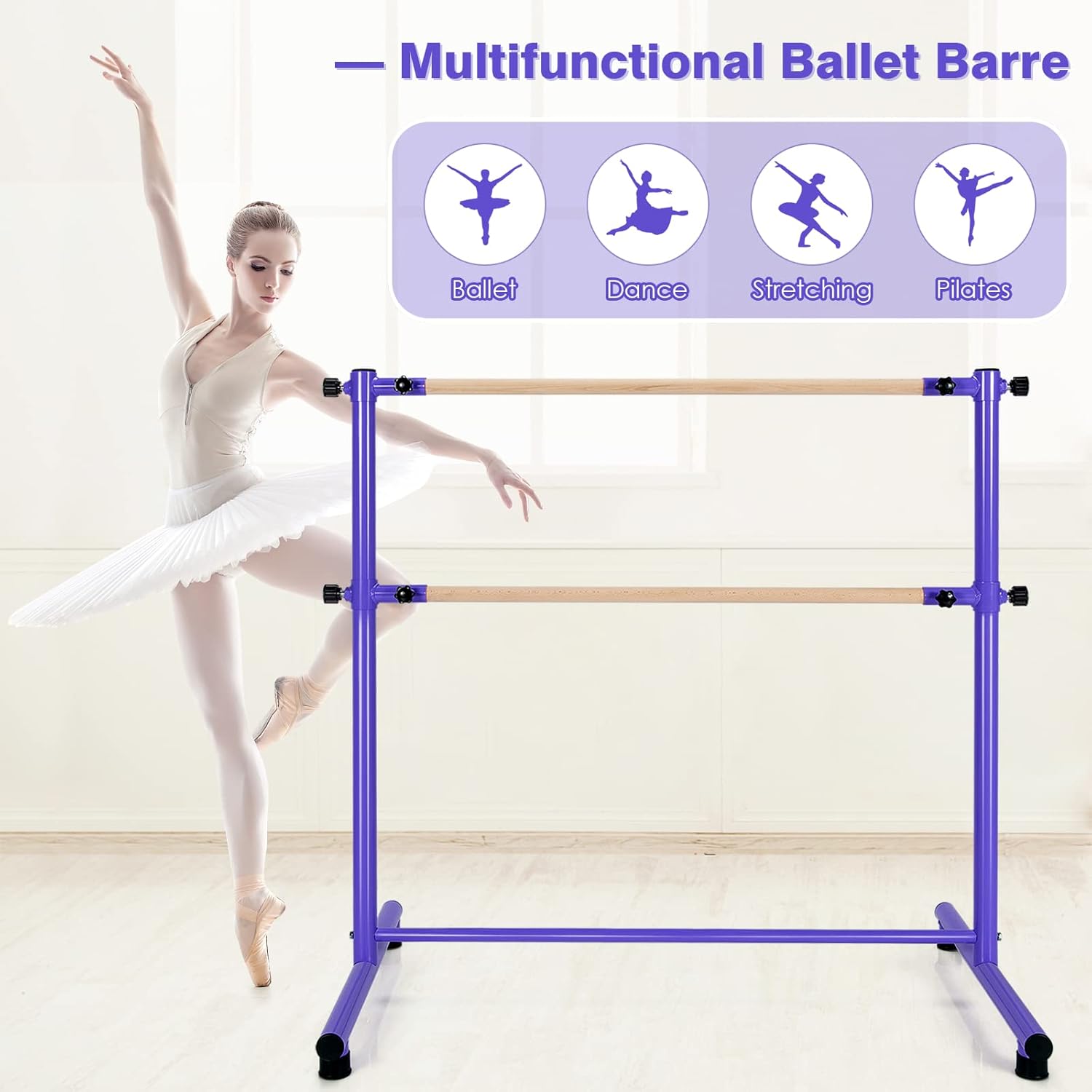 Costzon Barra de ballet portátil, barra de madera doble ajustable de 4 pies de altura, barra de baile independiente para estudio en casa, escuela,