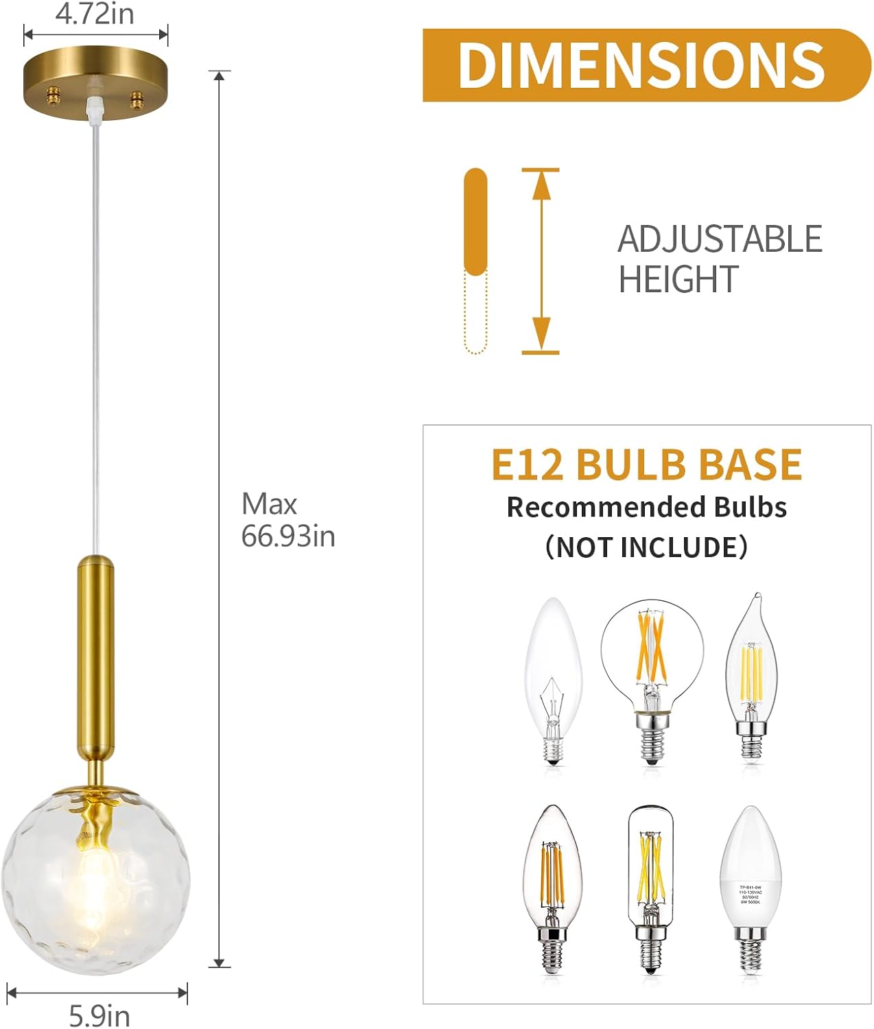 Lámpara colgante moderna dorada para isla de cocina de mediados de siglo con globo colgante de cristal transparente para sala de estar, dormitorio,