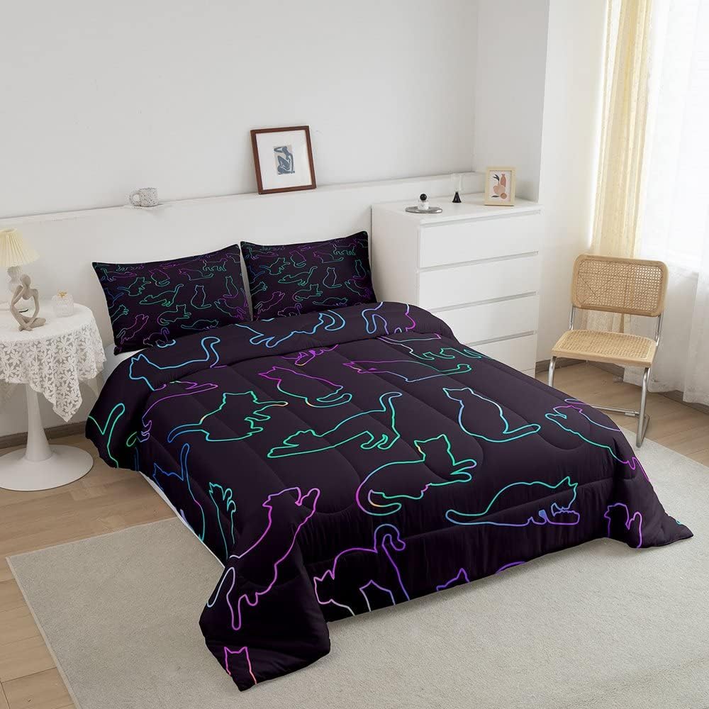 Erosebridal Juego de ropa de cama de animales tamaño matrimonial, juego de edredón de gato neón degradado, juegos de ropa de cama y colecciones de