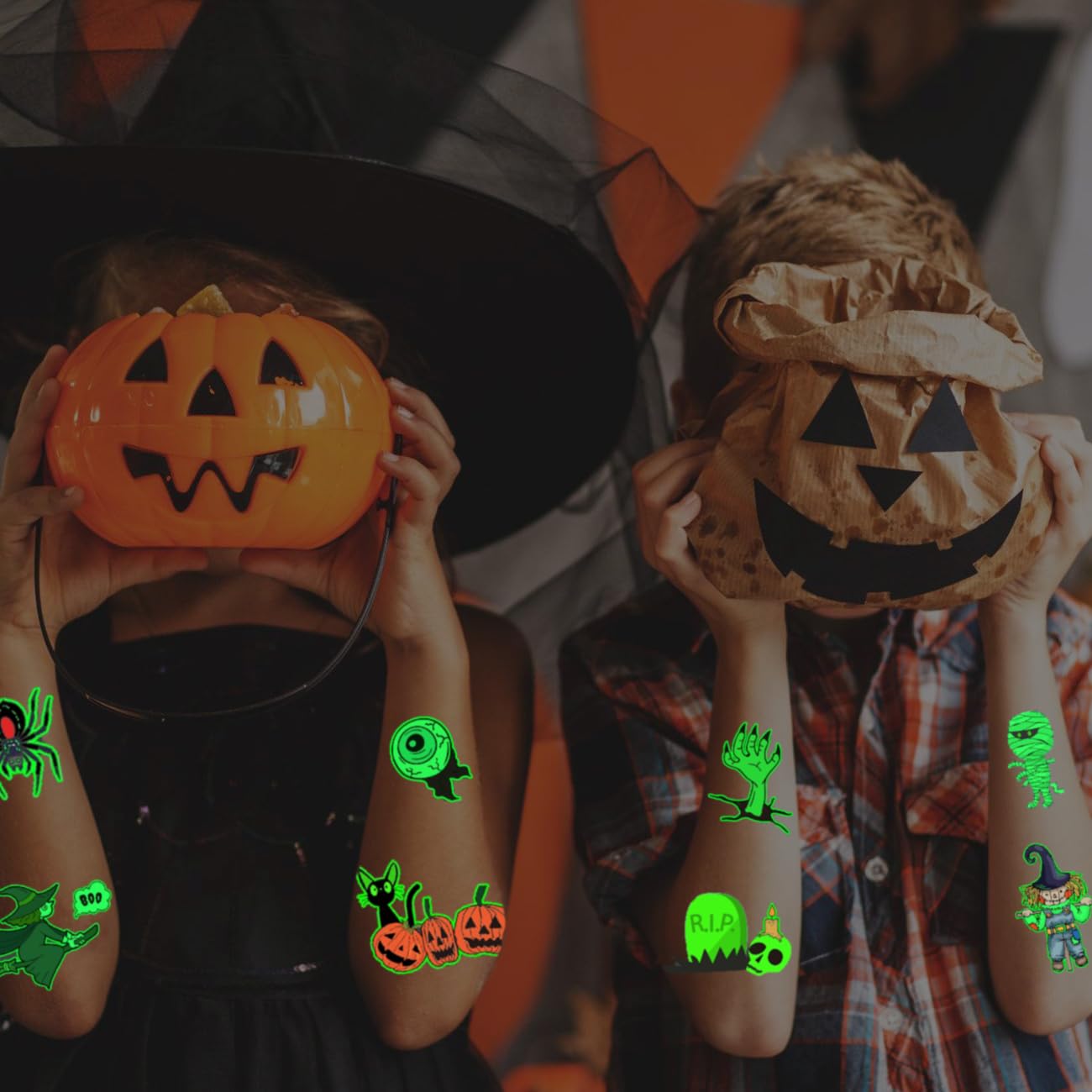 CHARLENT Tatuajes temporales luminosos de Halloween para suministros de fiesta de niños, 100 estilos que brillan en la oscuridad de Halloween,