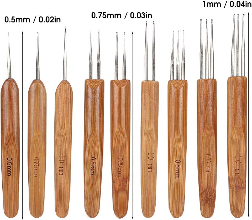 Juego de 9 ganchos de ganchillo para rastas, gancho de ganchillo de acero, mango de bambú para herramienta de tejido de cabello trenzado, artesanía
