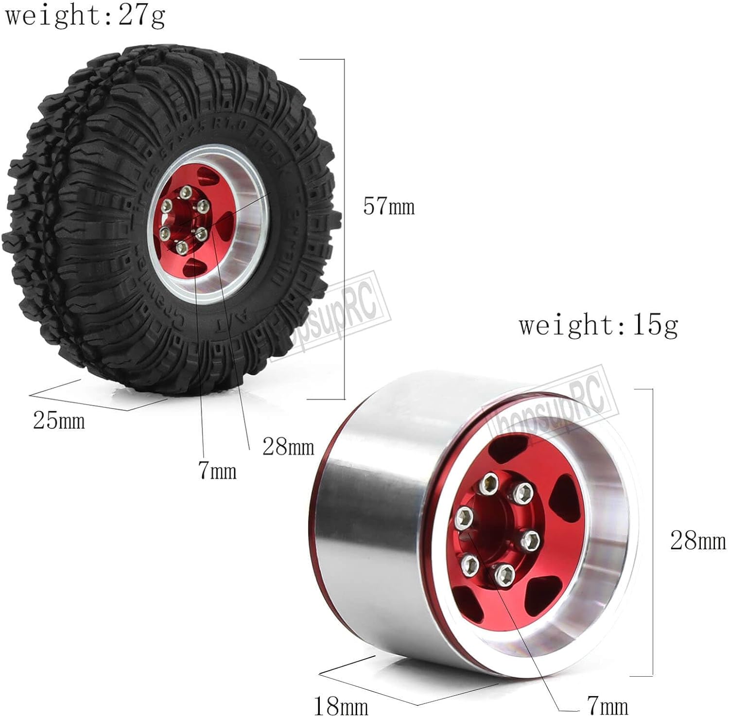 Neumáticos de aluminio Beadlock RC de 1.0 pulgadas para camiones RC 118 124 TRX4M, SCX24, FCX24 RC Crawler, ruedas RC Hops Up (4 piezas rojas)