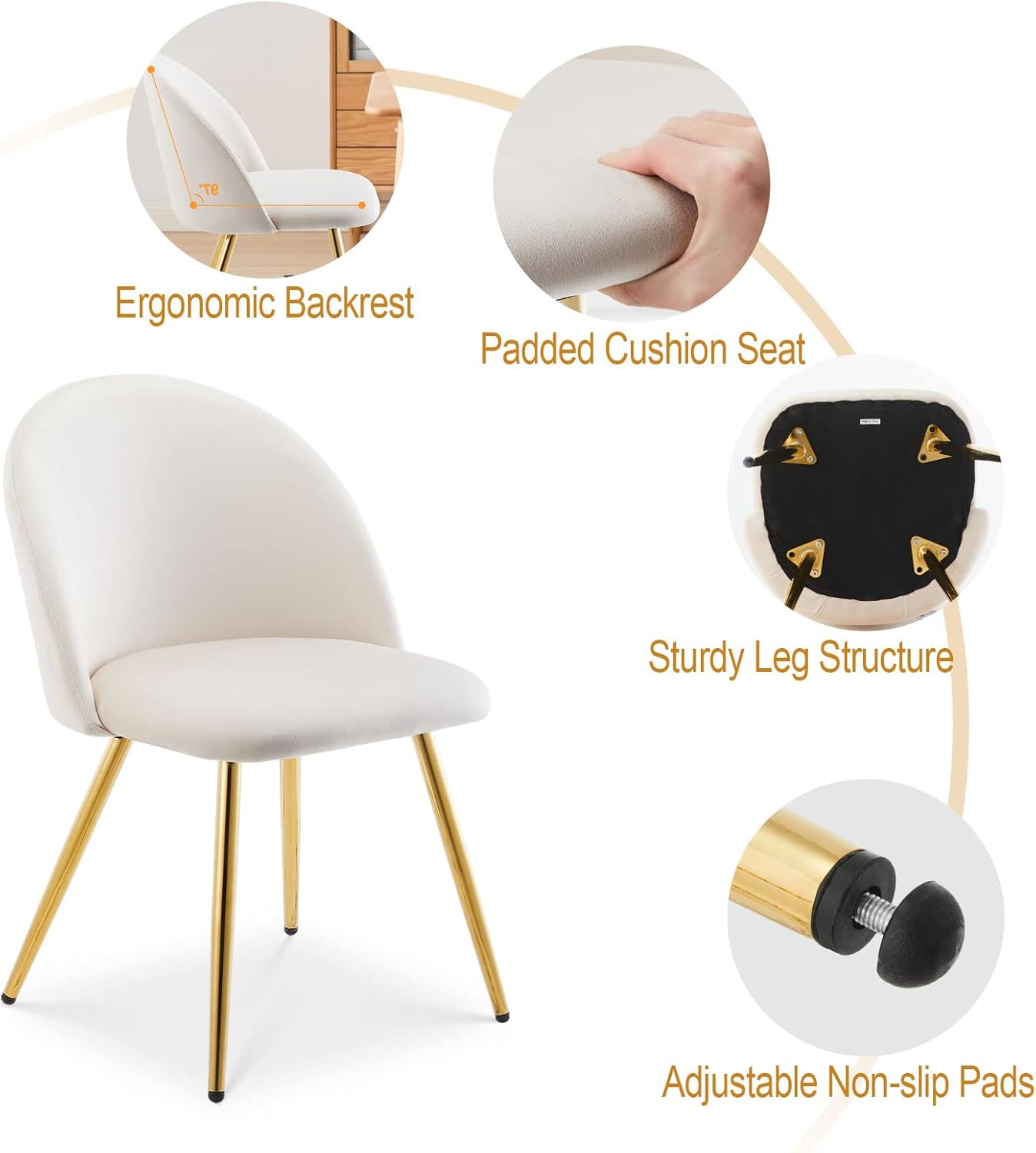 TUKAILAi Juego de 2 sillas de comedor de terciopelo, silla auxiliar moderna, asiento tapizado y respaldo con patas cromadas doradas para cocina,