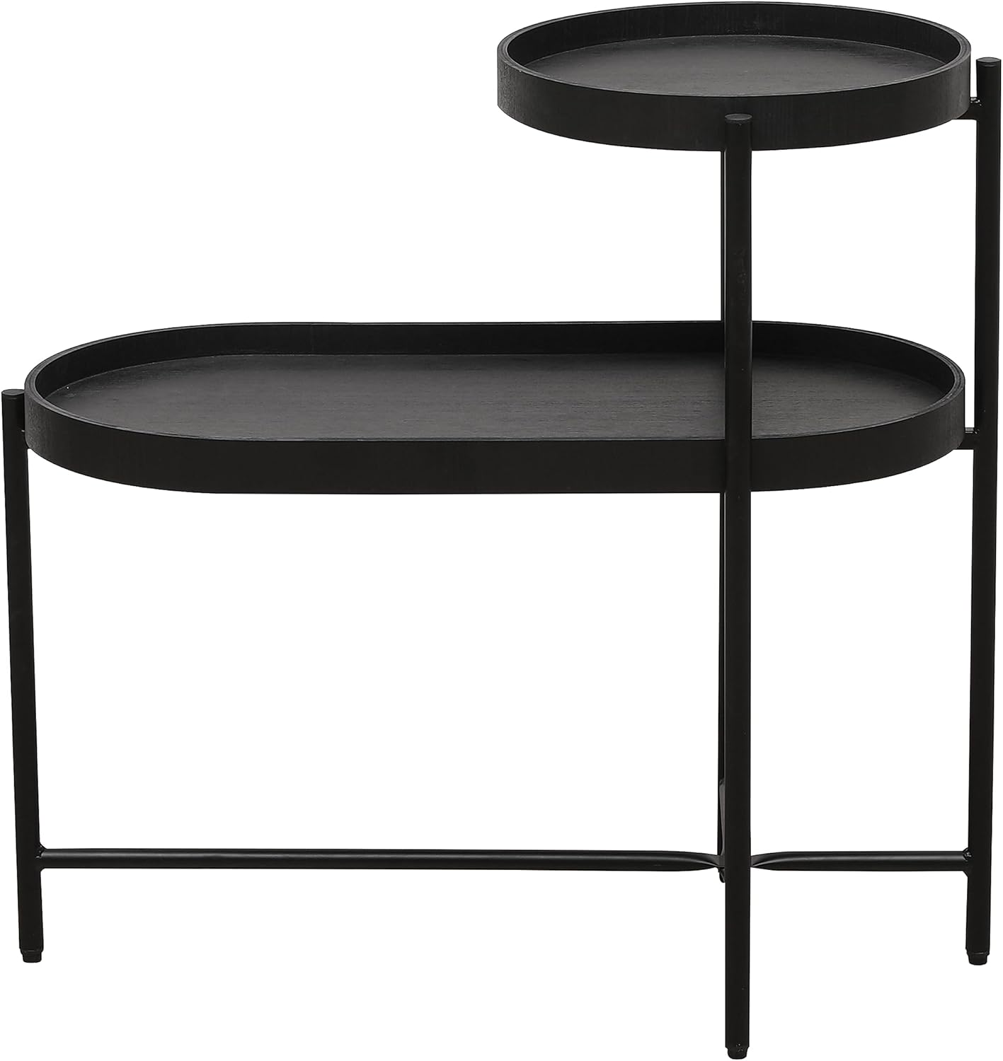 Mesa auxiliar moderna con bandeja redonda, mesa auxiliar de sofá de 2 niveles, mesa auxiliar de metal con estante de almacenamiento para sala de