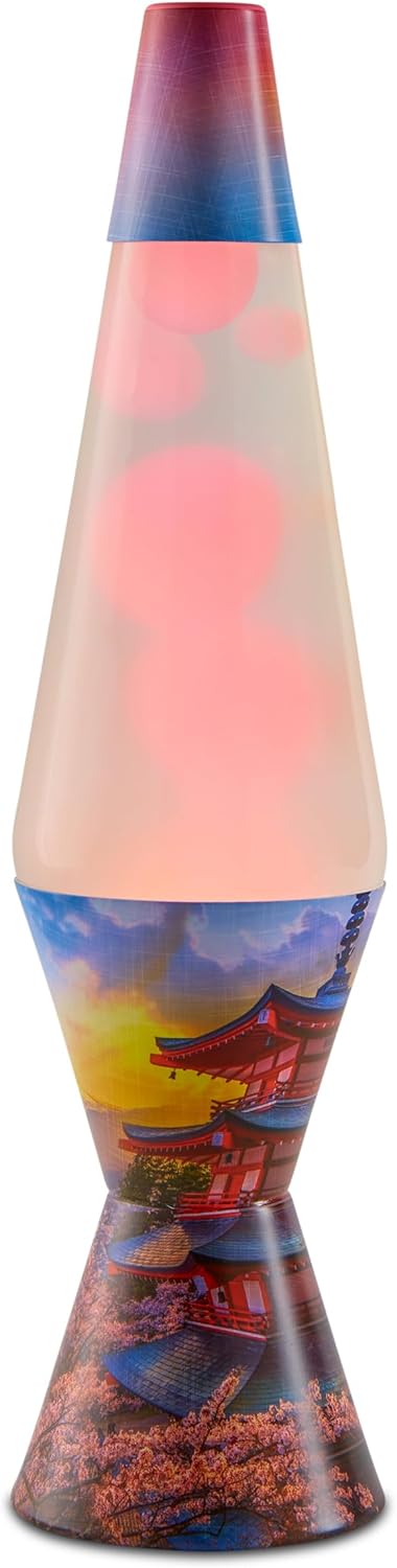 Spencer’s Peach Sunset Pagoda – Lámpara de lava de 14.5 pulgadas  Base de diseño de pagoda Sunset  Líquido transparente  Cera de melocotón