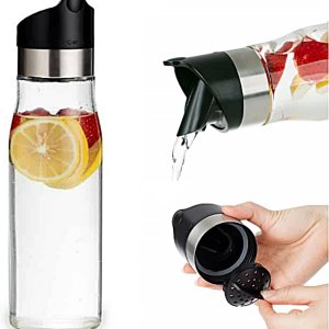 J&M DESIGN Jarra de agua de vidrio de 28 onzas con tapa de acero inoxidable y plástico de fácil torsión, con colador extraÃble para bebidas de jugo, J&M DESIGN Jarra de agua de vidrio de 28 onzas con tapa de acero inoxidable y plástico de fácil torsión, con colador extraÃble para bebidas de jugo,