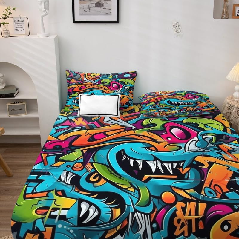 zcsm Graffiti Sheets – Juego de sábanas tamaño Queen, sábanas de microfibra suave y bolsillo profundo, sábanas y fundas de almohada estampadas sin