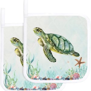 Juego de 2 soportes para ollas, diseño de tortugas marinas, corales, estrellas de mar y estrellas de mar, para cocina, almohadillas calientes a Juego de 2 soportes para ollas, diseño de tortugas marinas, corales, estrellas de mar y estrellas de mar, para cocina, almohadillas calientes a