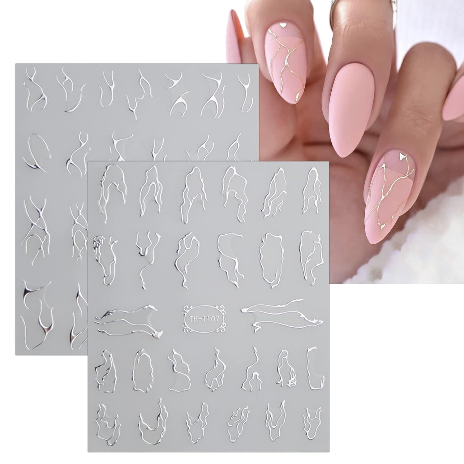 JMEOWIO 9 hojas de calcomanías de arte de uñas de línea de mármol, calcomanías autoadhesivas para uñas, suministros de uñas plateadas, accesorios de